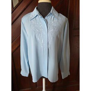 Vintage Apparenza Womens Blue Long Sleeve Embroidered Blouse PM Polyester